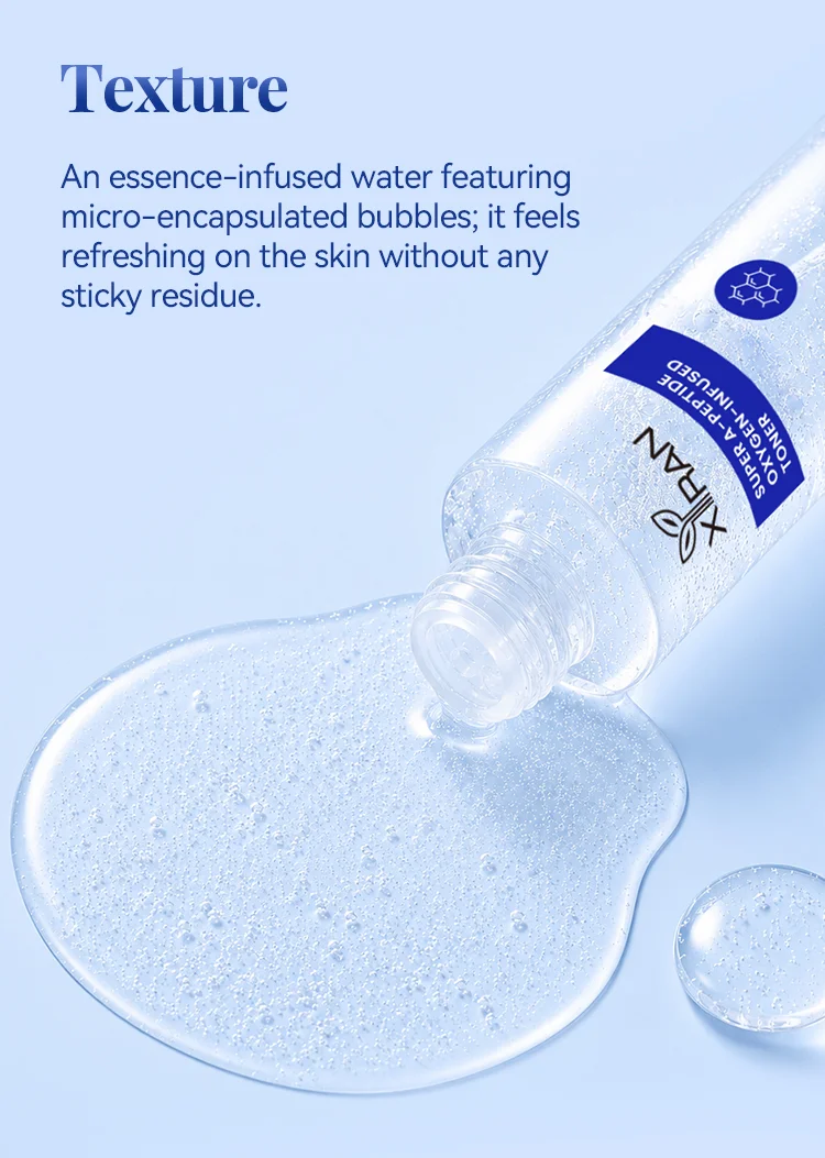 A bottle of essence-infused water with micro-encapsulated bubbles spilling its contents onto a light blue surface, showing its clear texture.